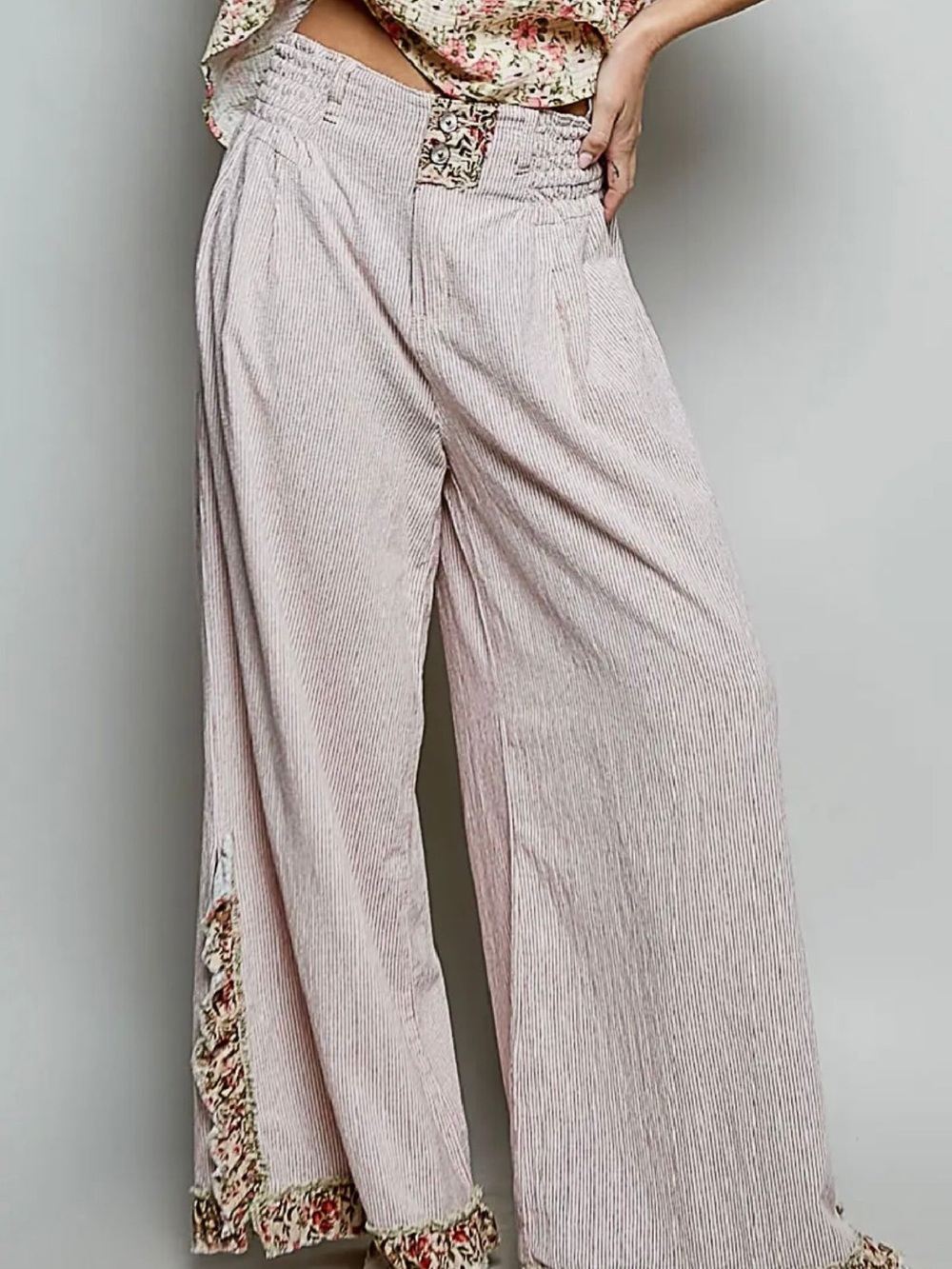 026. POL Blush Pinstripe Wide Leg Pants | Floral Trim Boho Palazzo Pants